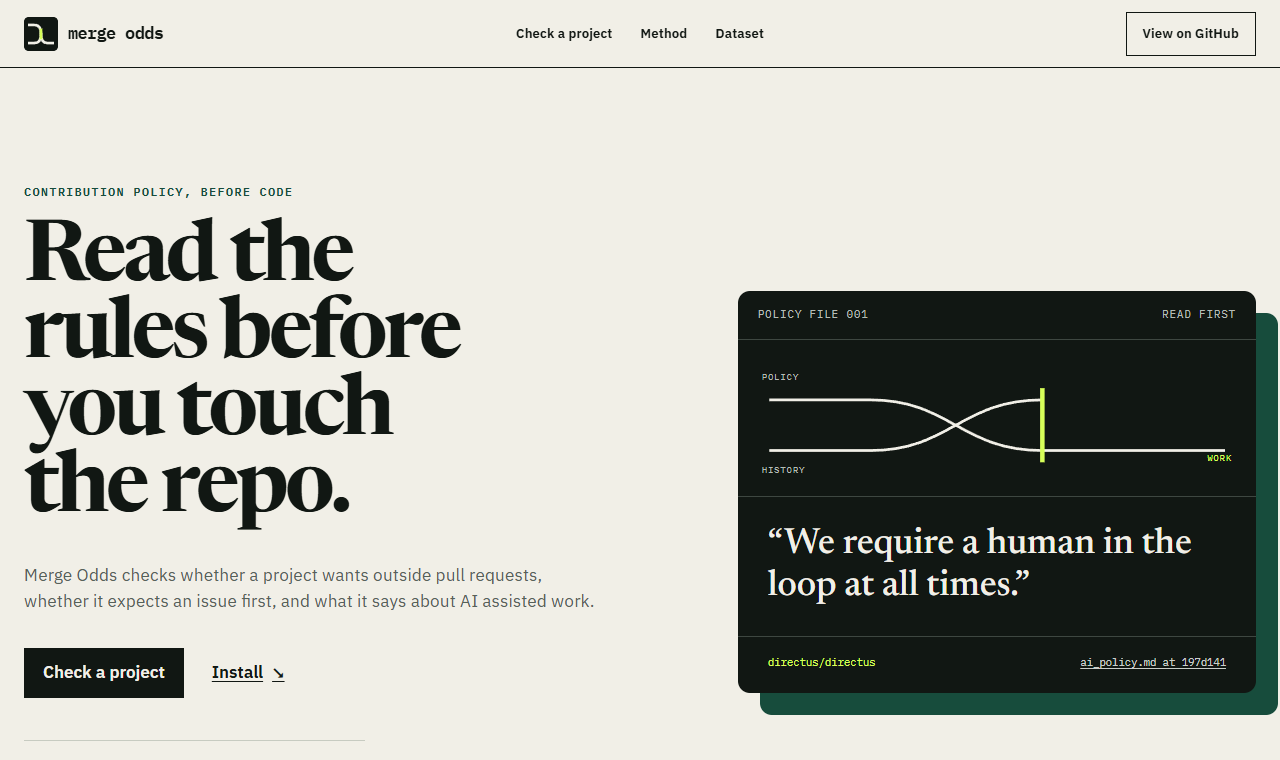 The Merge Odds website on warm paper. A large serif headline reads Read the rules before you touch the repo. Beside it, two paths cross a bright policy gate before leaving as one line, above a pinned policy quote.