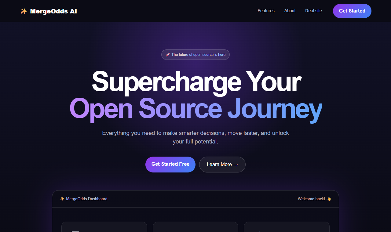 A generic dark landing page with a purple glow, emoji decoration and the headline Supercharge Your Open Source Journey. Rounded buttons and dashboard cards make broad promises about smart insights and speed.